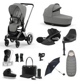 Cybex ePriam Travel System Bundle With Cloud T Car Seat & Base Chrome Mirage Grey