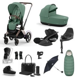 Cybex ePriam Travel System Bundle With Cloud T Car Seat & Base Rosegold Leaf Green
