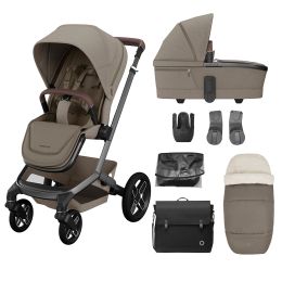 Maxi Cosi Fame Essential Pram Bundle With Accessories Twillic Truffle Black Wheels