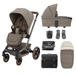 Maxi Cosi Fame Essential Pram Bundle With Accessories Twillic Truffle Brown Wheels