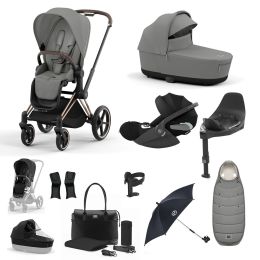 Cybex Priam Travel System Bundle With Cloud T Car Seat & Base Rosegold Mirage Grey